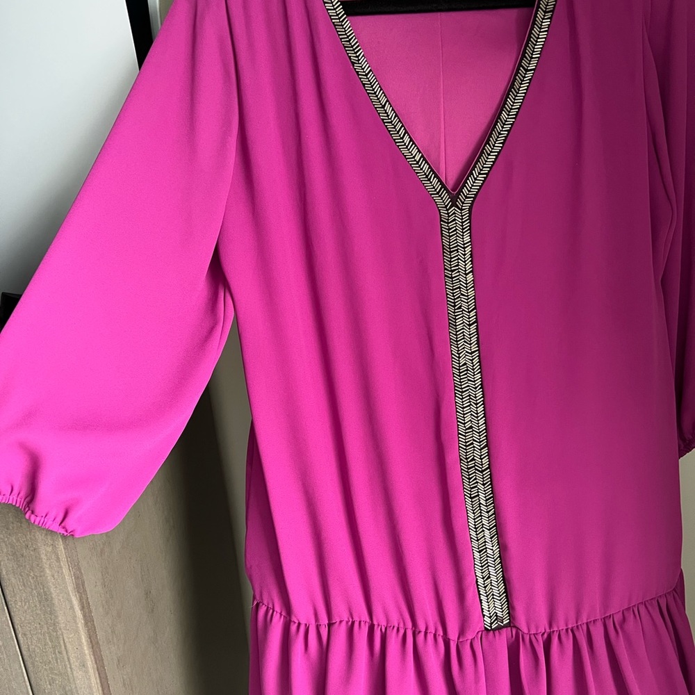 Francesca’s Purple drop-waist dress. 3/4 length sleeves. Short, flowy waist!